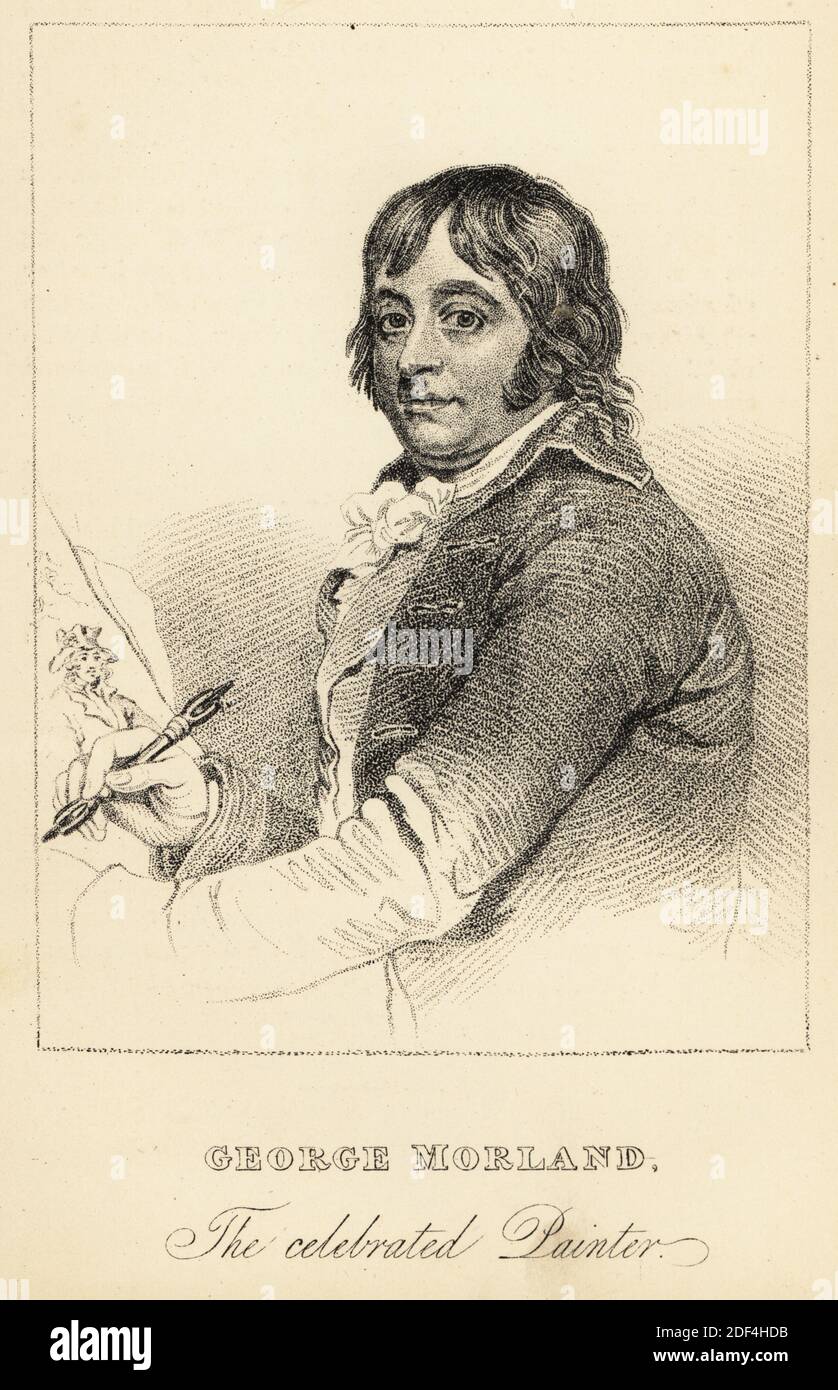 George Morland, the celebrated painter, 1763-1804. Painter of  rustic scenes and landscapes who fell into debt and alcoholism. Lithograph after a stipple engraving by R. Page after a portrait by Robert Muller from Henry Wilson and James Caulfield’s Book of Wonderful Characters, Memoirs and Anecdotes, of Remarkable and Eccentric Persons in all ages and countries, John Camden Hotten, Piccadilly, London, 1869. Stock Photo