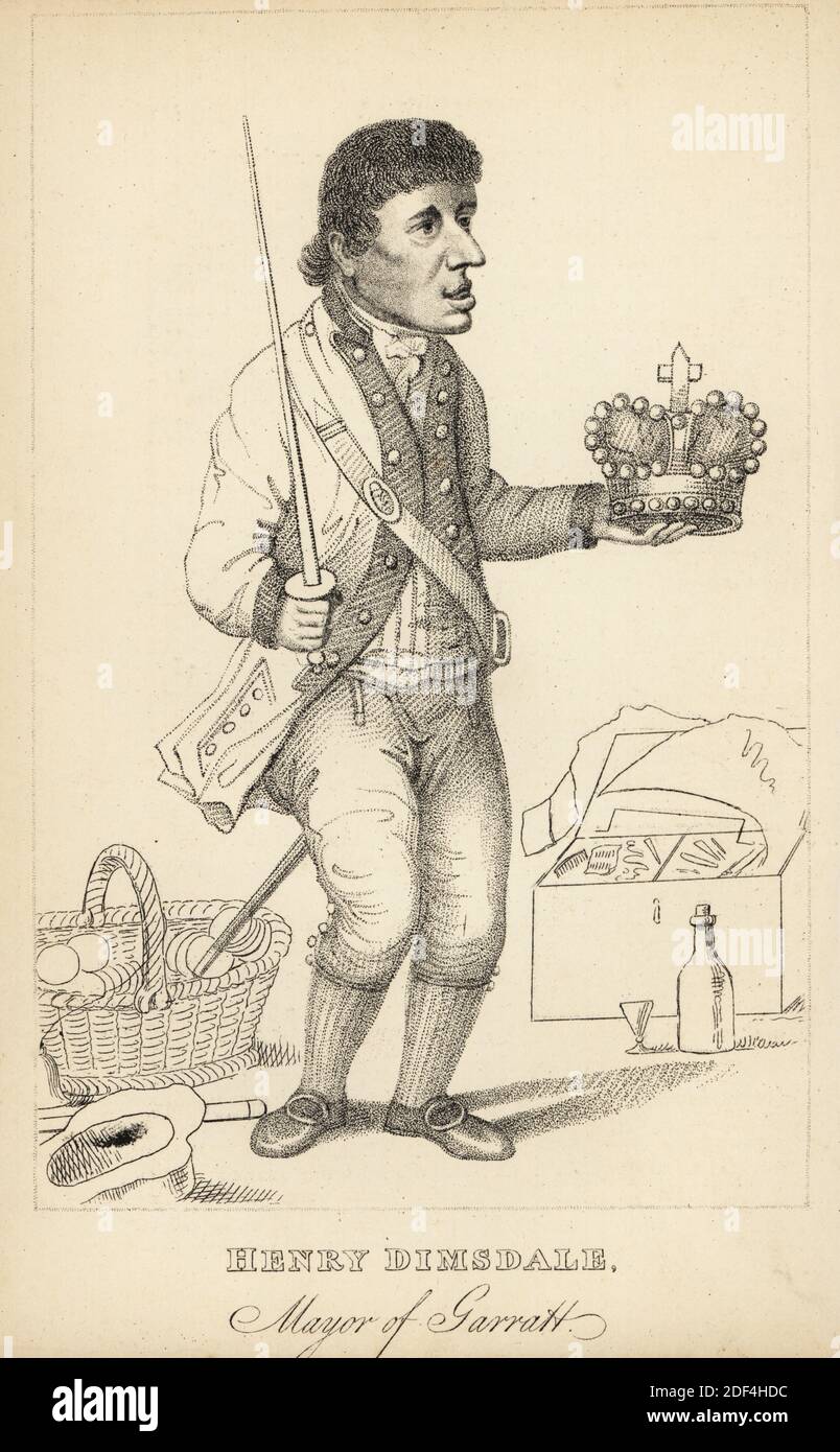 Sir Harry Dimsdale, foolish muffin seller,  1758-1811. Elected Mayor of Garratt following the death of Sir Jeffrey Dunstan in 1797. In costume as the Emperor to oppose Napoleon, military uniform with sword and crown, 1807. Sir Harry Dimsdale. Lithograph after a stipple engraving by Robert Cooper from Henry Wilson and James Caulfield’s Book of Wonderful Characters, Memoirs and Anecdotes, of Remarkable and Eccentric Persons in all ages and countries, John Camden Hotten, Piccadilly, London, 1869. Stock Photo