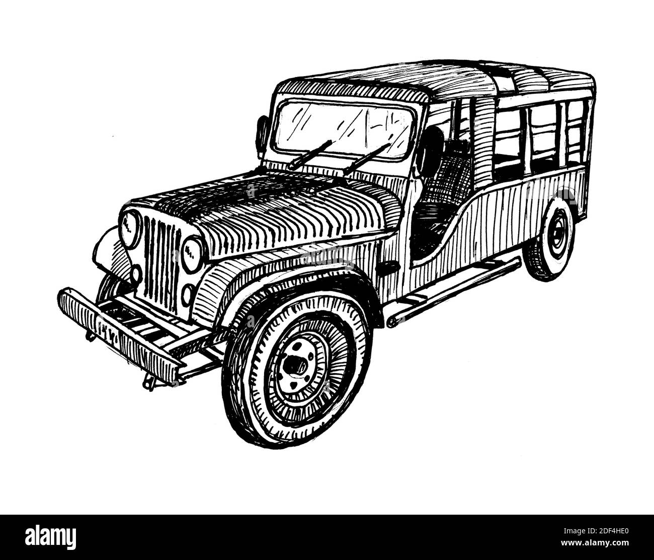Hand drawn Old Timer car 4 wd classic, sketch graphics monochrome illustration on white background (originals, no tracing) Stock Photo