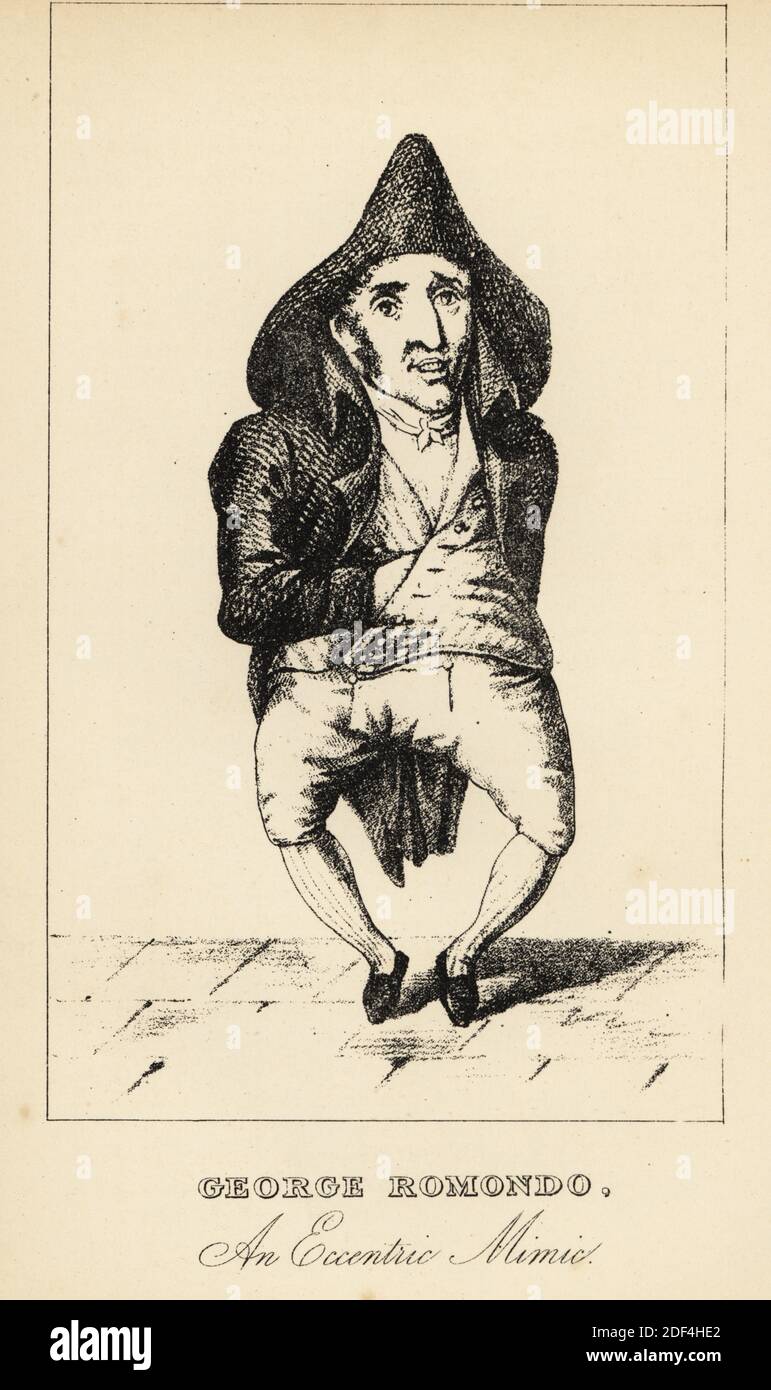 George Romondo, an eccentric mimic, 18th century. Born in Lisbon, Portugal, in 1765. Short bow-legged mimic who imitated animal noises, musical instruments, tool sounds in London public houses. A huckster at Bartholomew Fair in 1804. Stock Photo