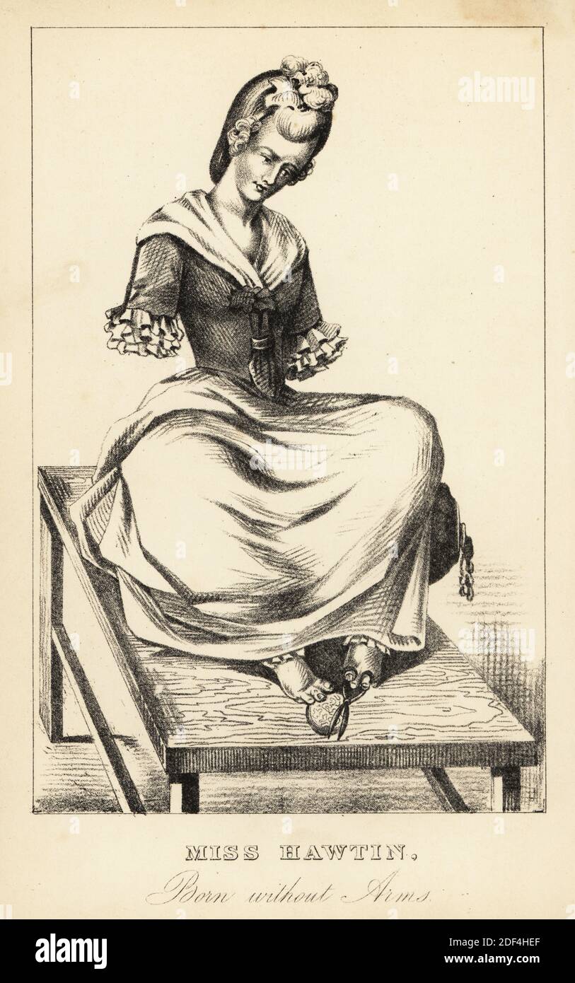 Miss Hawtin, born without arms, 18th century. Born in Coventry, she exhibited her dexterity cutting decorative watch papers with her feet all over England. From a portrait published 1774. Lithograph after a stipple engraving by Robert Cooper from Henry Wilson and James Caulfield’s Book of Wonderful Characters, Memoirs and Anecdotes, of Remarkable and Eccentric Persons in all ages and countries, John Camden Hotten, Piccadilly, London, 1869. Stock Photo