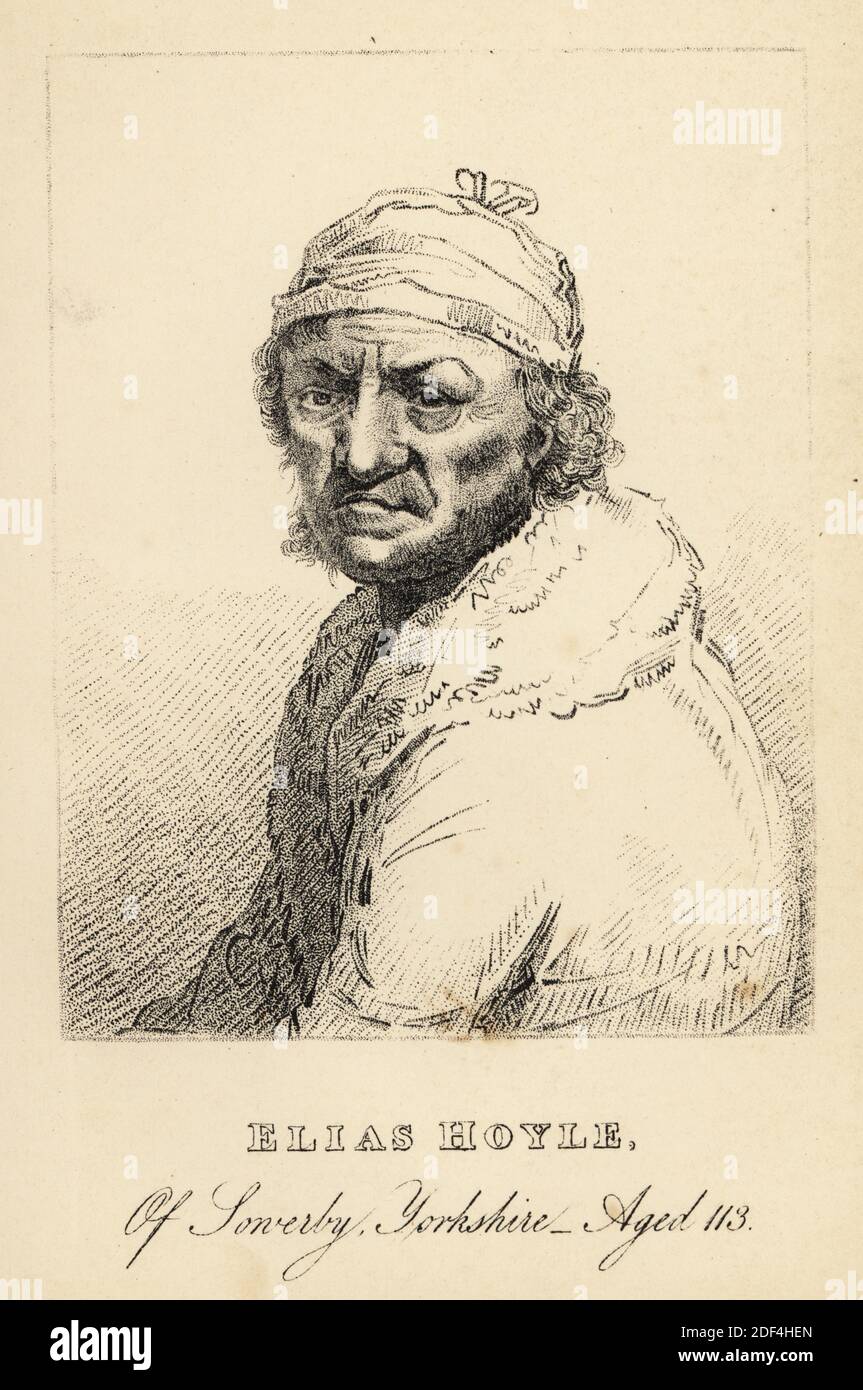 Portrait of Elias Hoyle, of Sowerby, Yorkshire, aged 113. Teetotal journeyman mechanic who worked until 110. Lithograph after a stipple engraving by Robert Cooper from Henry Wilson and James Caulfield’s Book of Wonderful Characters, Memoirs and Anecdotes, of Remarkable and Eccentric Persons in all ages and countries, John Camden Hotten, Piccadilly, London, 1869. Stock Photo