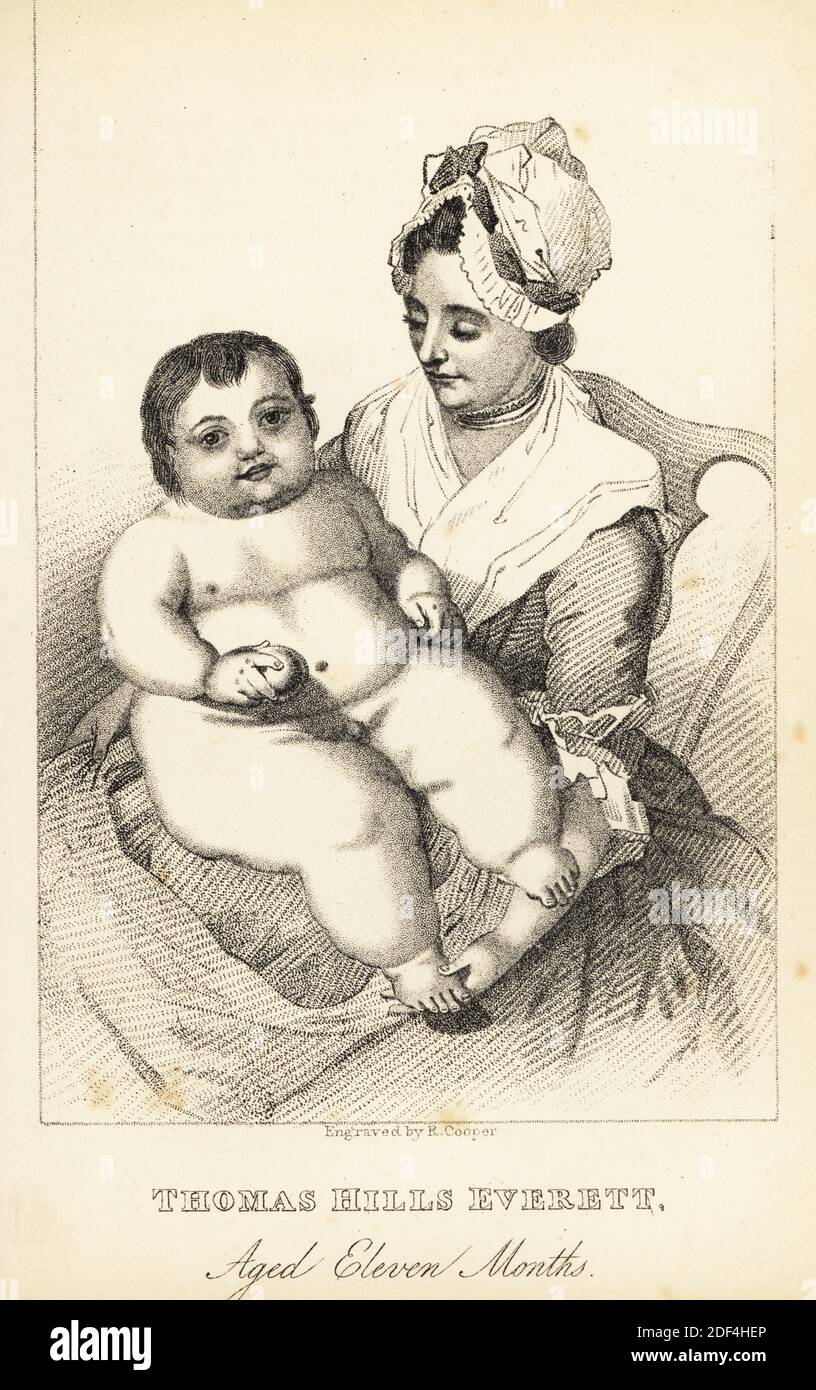 Thomas Hills Everett, the enormous baby of Enfield. Portrait of the baby at 11 months when he was the size of a 7-year-old with his mother from a handbill advertising his exhibition. Died at age 18 months, 1779-1780. Lithograph after a stipple engraving by Robert Cooper from Henry Wilson and James Caulfield’s Book of Wonderful Characters, Memoirs and Anecdotes, of Remarkable and Eccentric Persons in all ages and countries, John Camden Hotten, Piccadilly, London, 1869. Stock Photo