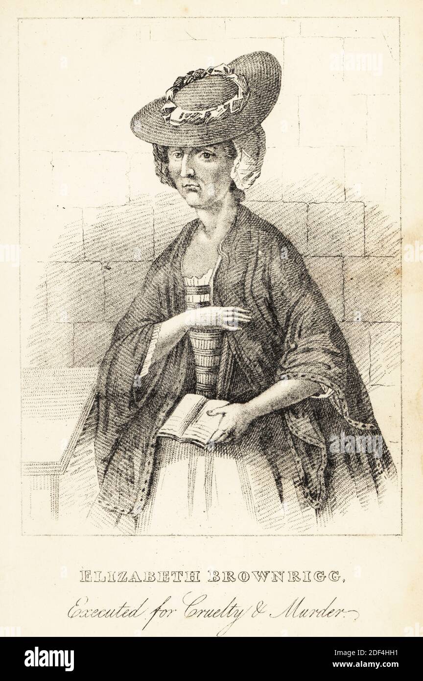 Elizabeth Brownrigg, executed for cruelty and murder. Hanged at Tyburn in 1767 for the torture and murder of her domestic servant Mary Clifford. Lithograph after a stipple engraving by Robert Cooper from Henry Wilson and James Caulfield’s Book of Wonderful Characters, Memoirs and Anecdotes, of Remarkable and Eccentric Persons in all ages and countries, John Camden Hotten, Piccadilly, London, 1869. Stock Photo