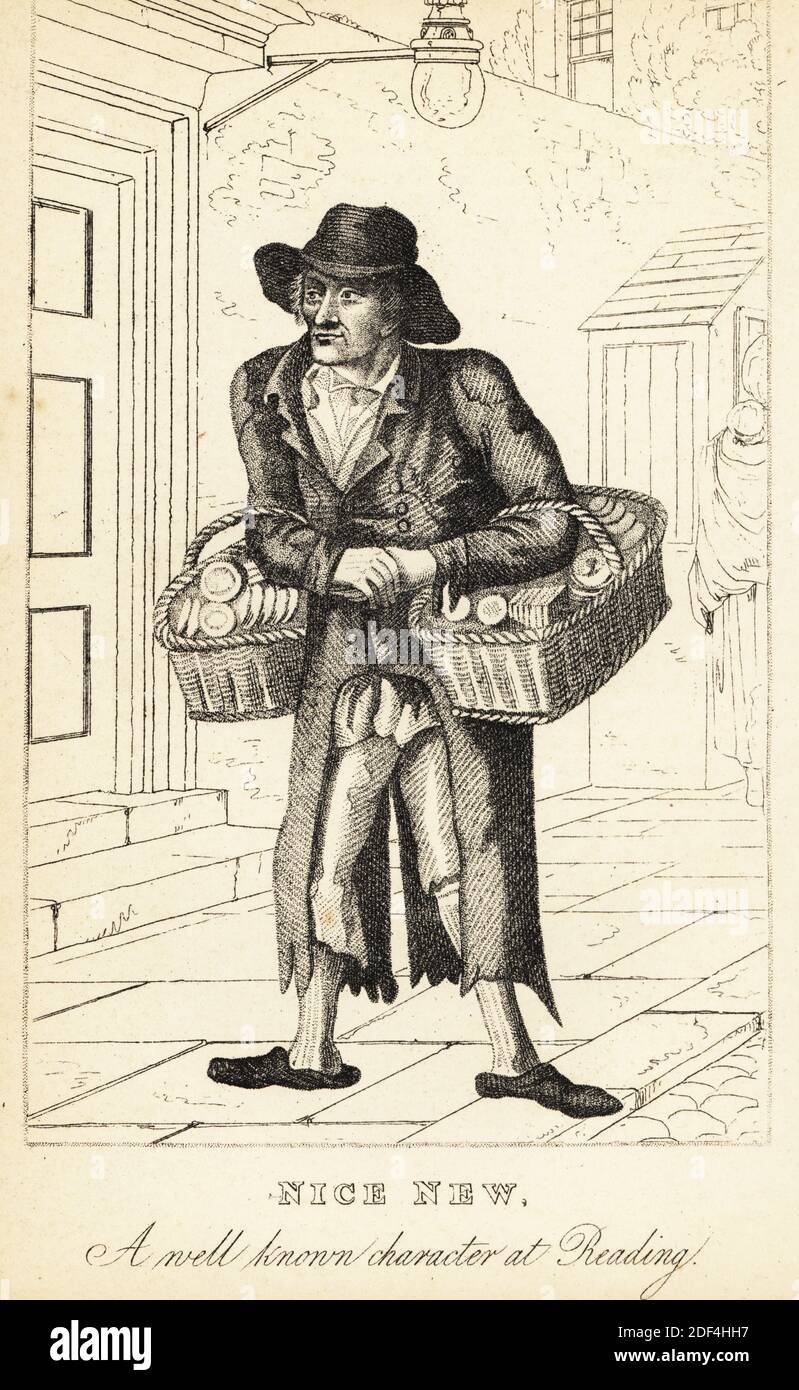 Itinerant cake-seller with baskets of cakes, 18th century. Nice New, a well-known character at Reading. Famous for his melancholy cry of Nice new! Lithograph after a stipple engraving by Robert Cooper from Henry Wilson and James Caulfield’s Book of Wonderful Characters, Memoirs and Anecdotes, of Remarkable and Eccentric Persons in all ages and countries, John Camden Hotten, Piccadilly, London, 1869. Stock Photo