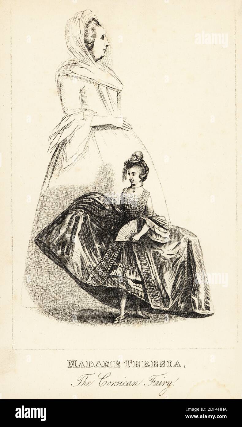 Madame Maria Teresa, the Amazing Corsican Fairy. Depicted with a normal size woman. Born in Corsica in 1743, exhibited at fairs in England from 1770, at her London apartment in 1775, and on stage in Dublin and Edinburgh in 1776 where she danced a minuet and Corsican jig. She died in childbirth in 1790. Madame Teresia, the Corsican Fairy. Lithograph after a stipple engraving by Robert Cooper from Henry Wilson and James Caulfield’s Book of Wonderful Characters, Memoirs and Anecdotes, of Remarkable and Eccentric Persons in all ages and countries, John Camden Hotten, Piccadilly, London, 1869. Stock Photo
