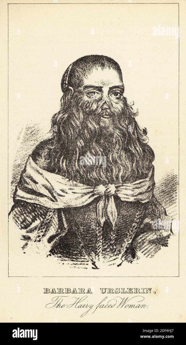 Barbara Urslerin, the hairy-faced woman, 1629-1668. Famous bearded lady exhibited in Europe and London by her husband Michael Vanbeck. After a portrait by Richard Gaywood in 1658. Lithograph after a stipple engraving by Robert Cooper from Henry Wilson and James Caulfield’s Book of Wonderful Characters, Memoirs and Anecdotes, of Remarkable and Eccentric Persons in all ages and countries, John Camden Hotten, Piccadilly, London, 1869. Stock Photo