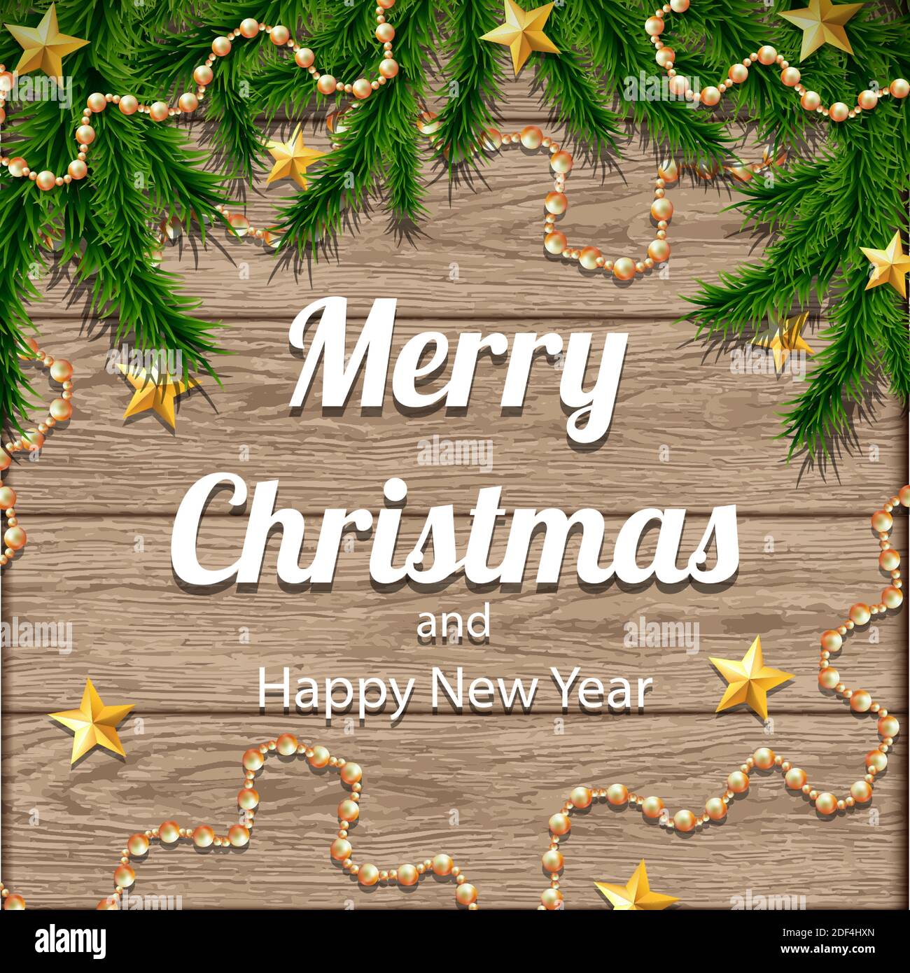 Christmas tree border background on wooden tiles with decorations and fir branches. Stock Vector