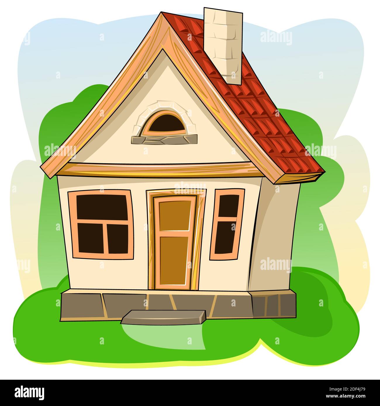 Old village house. Fabulous cartoon object. Cute childish style. Ancient dwelling. Tiny, small. On abstract background. Stock Photo