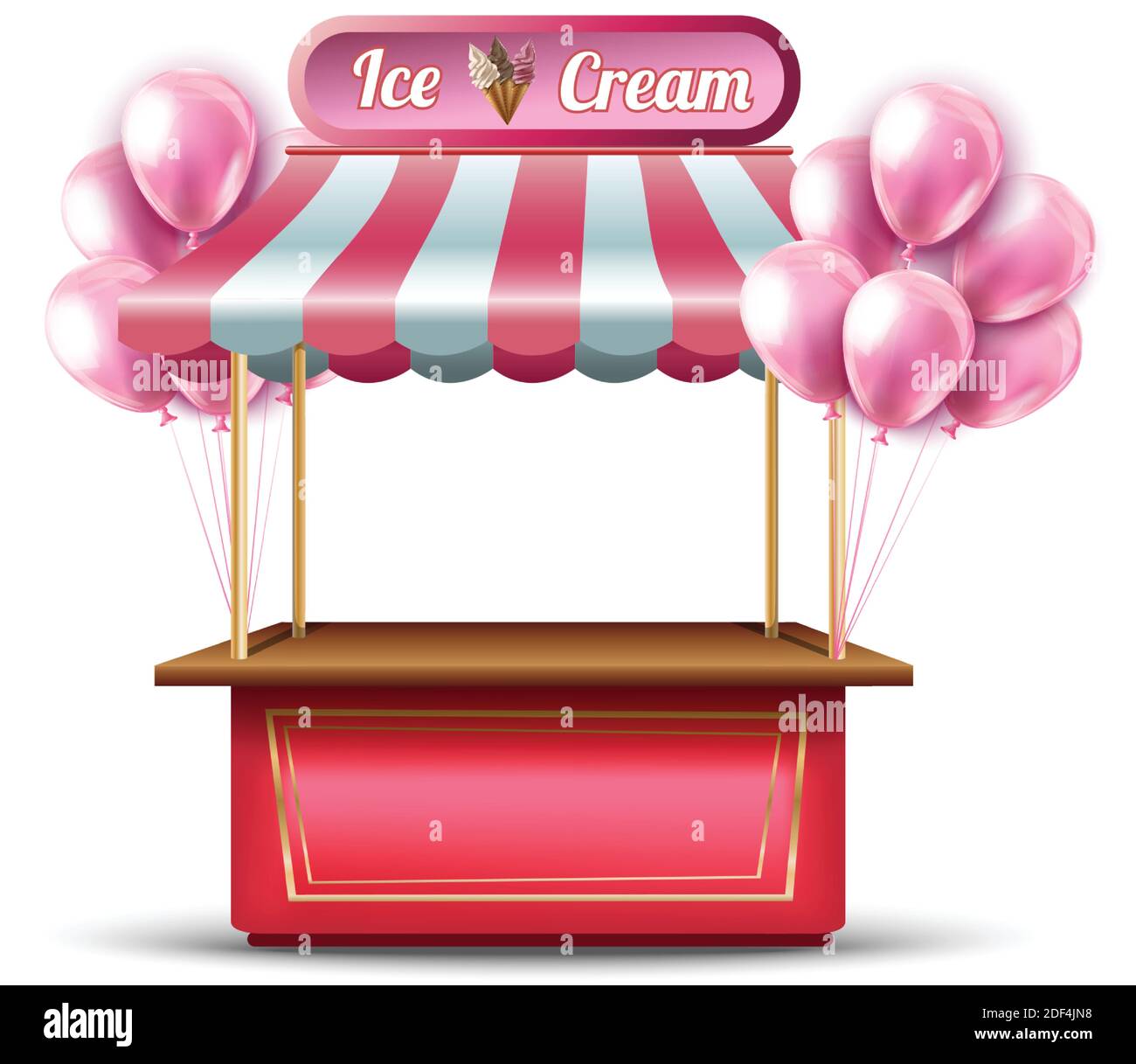 pink ice cream opening shop booth icon with balloons. Stock Vector