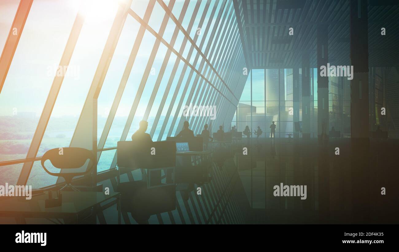 Modern office interior in business center with silhouettes of people. Stock Photo