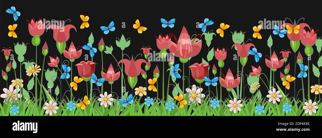 Blooming meadow with grass, flowers and butterflies. Night landscape. Cartoon style. Fabulous illustration. Background picture. Beautiful natural view Stock Photo
