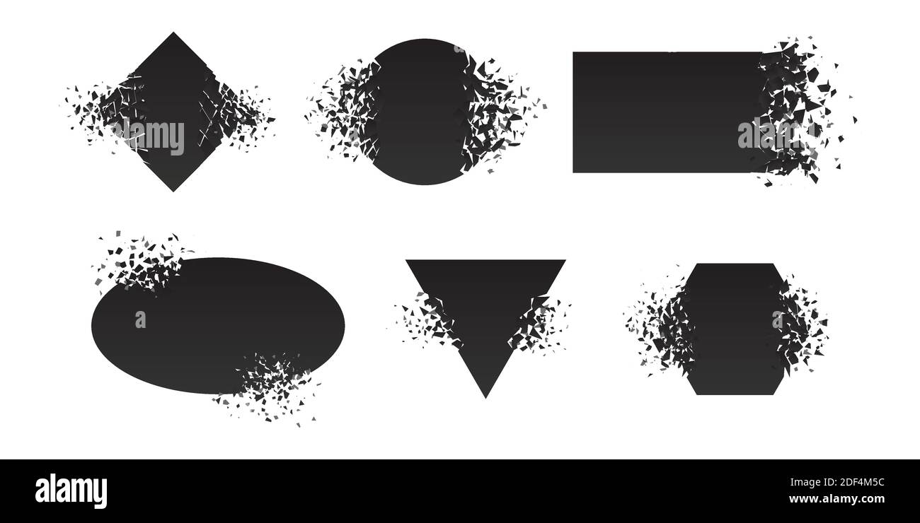 Shape shattered and explodes flat style design vector illustration set isolated on white background. Stock Vector