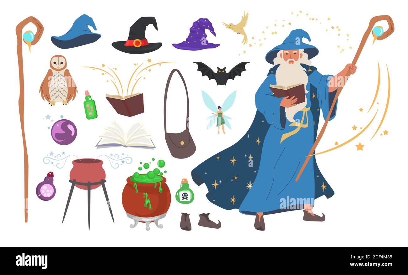 Wizard, magician, warlock, witch tools set, flat vector isolated illustration. Stock Vector
