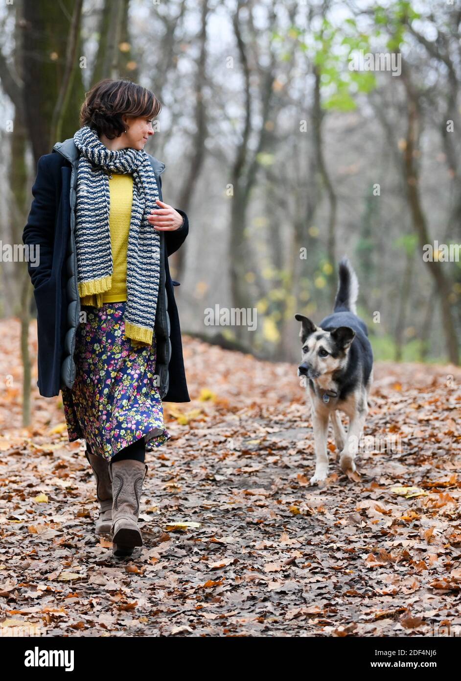 Berlin, Germany. 30th Nov, 2020. The actress Julia Brendler during a walk with her dog Istak in the park Schönholzer Heide in Niederschönhausen She plays the leading role in the film of the ZDF series 'Katie Fforde: Emmas Geheimnis', which will be broadcast on 06.12.2020 at 20.15. She is also known from the ZDF crime series 'Nord Nord Mord'. Istak is 11 years old and an animal protection dog from Moscow's streets. Credit: Jens Kalaene/dpa-Zentralbild/ZB/dpa/Alamy Live News Stock Photo