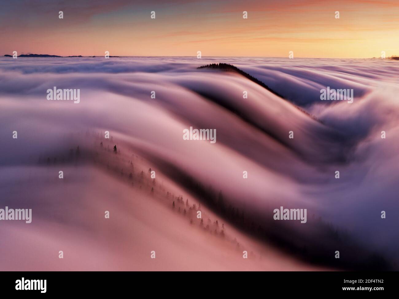 Beautiful landscape, misty fog on mountain slopes, abstract view over clouds. Stock Photo