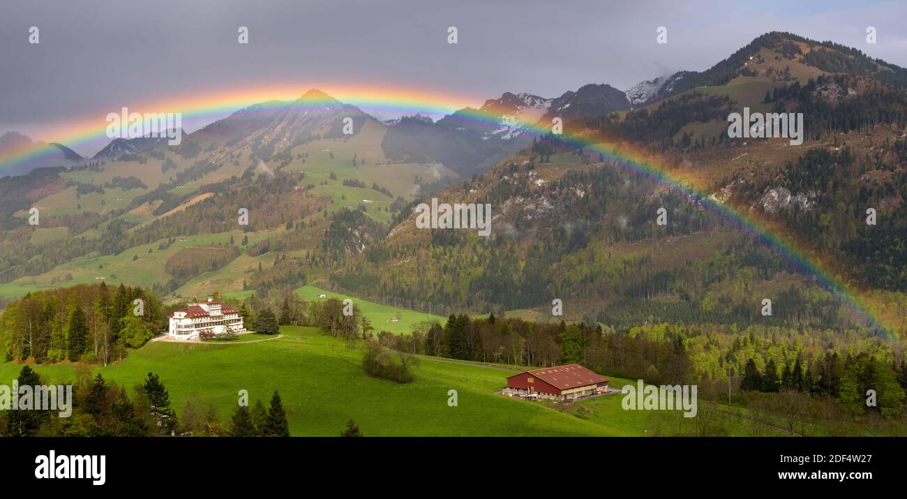 geography / travel, Switzerland, Fribourg, Les Sciernes-d'Albeuve, Rainbow above the Rosaire sanatoriu, Additional-Rights-Clearance-Info-Not-Available Stock Photo