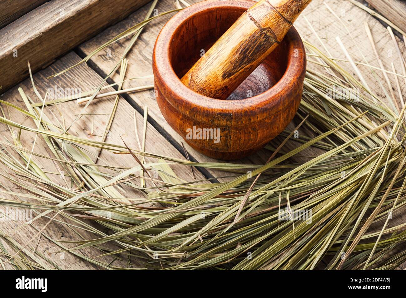 Mortar with medicinal herb holy grass.Herbal medicine.Alternative medicine concept Stock Photo