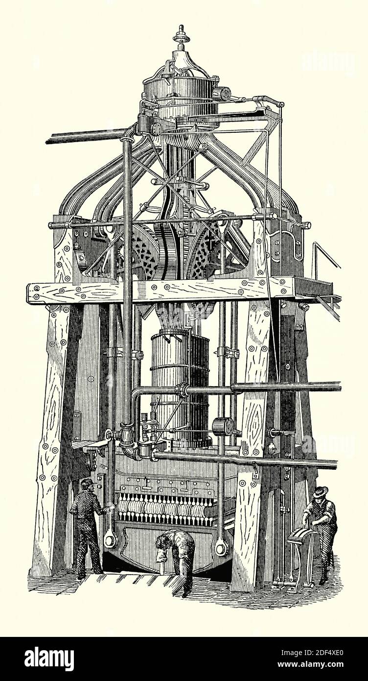 An old engraving showing men working at Grader’s re-pressing press, which was used to compact bales of cotton in the USA – and similar bulky items – to aid transportation in the 1800s. It is from a Victorian mechanical engineering book of the 1880s. This massive wood and iron press has two steam-powered cylinders above and below. One or both could be activated to compact items depending on the force required to do the compressing. Stock Photo