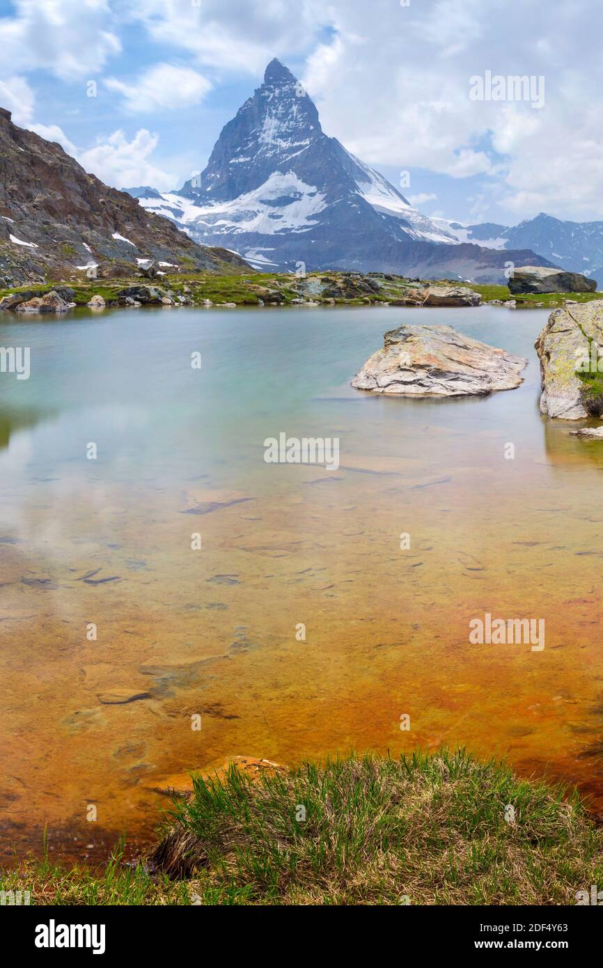 geography / travel, Switzerland, Wallis, Zermatt, View of the Matterhorn from lake Riffelse, Additional-Rights-Clearance-Info-Not-Available Stock Photo