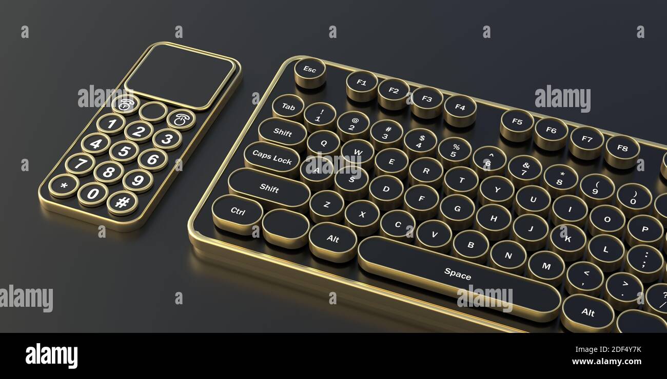 Computer keyboard and mobile phone steampunk style. Retro futurism set with round black buttons and gold bronze metal details on black background, clo Stock Photo