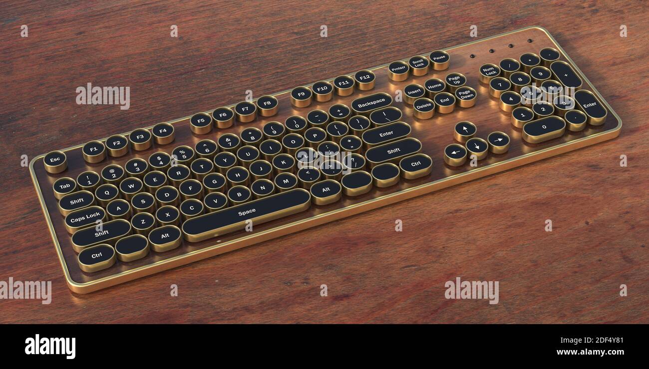 Teclado de ordenador estilo steampunk. Teclado retro futurismo con botones  redondos negros y detalles metálicos de bronce en el escritorio de madera,  vista superior. ilustración 3d Fotografía de stock - Alamy