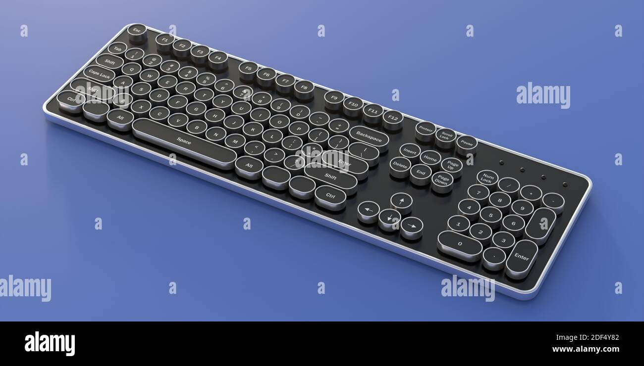 Computer keyboard steampunk style. Retro futurism keypad with round black buttons and chrome metal details on blue background, above view. 3d illustra Stock Photo