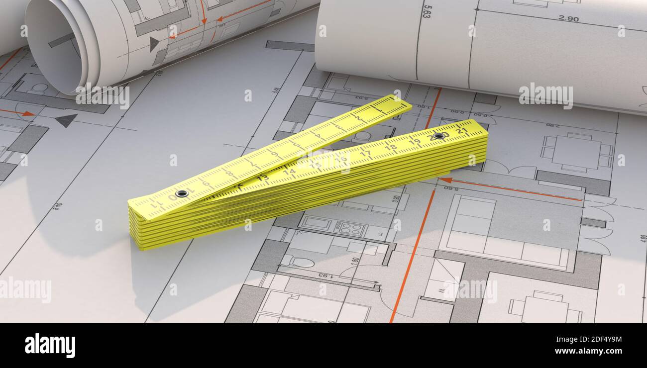 Folding ruler. Measure wooden yellow on blueprint. Measuring tool for