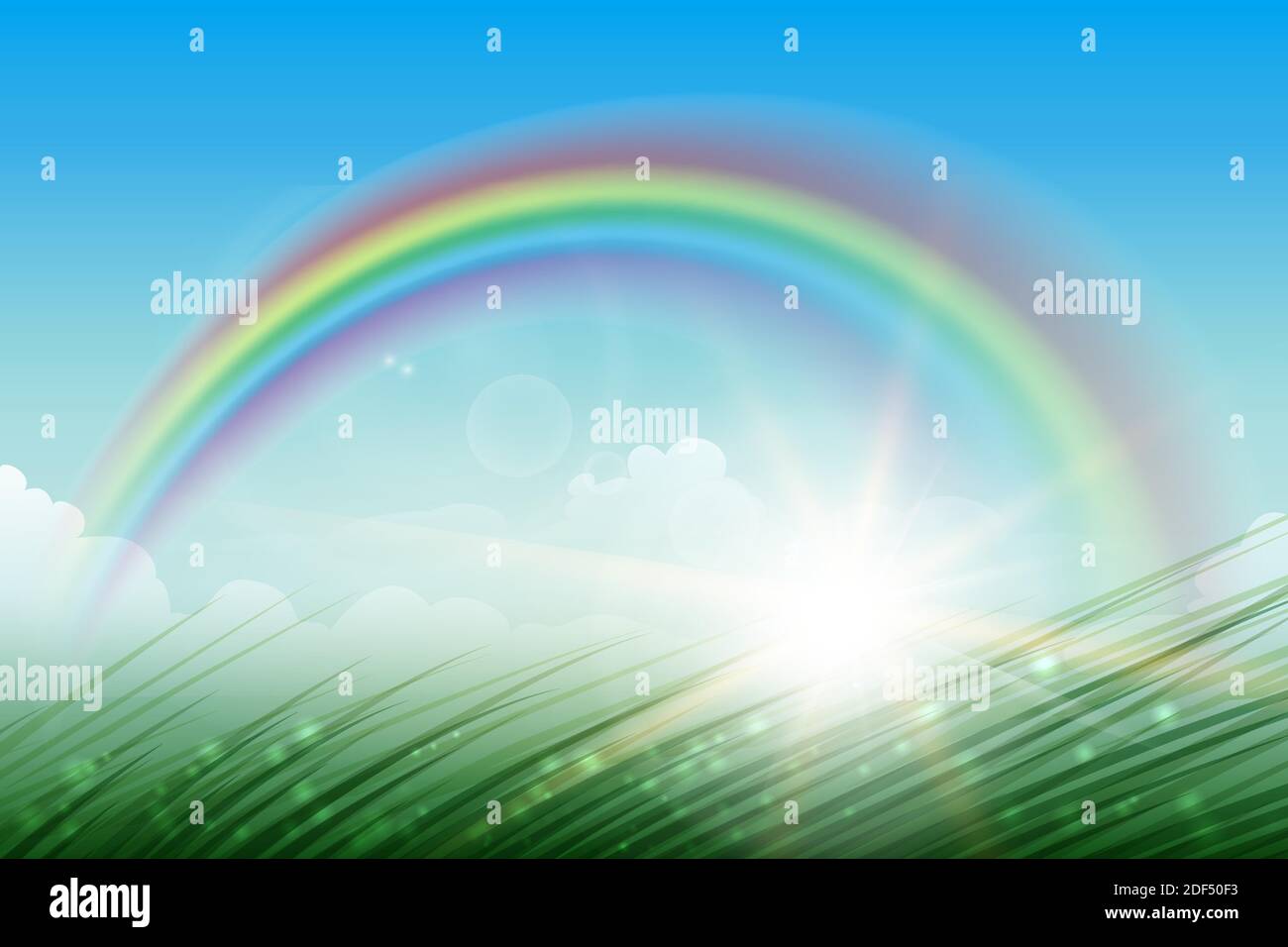 Landscape with rainbow in blue sky green grass and sunburst. Vector illustration. Stock Vector