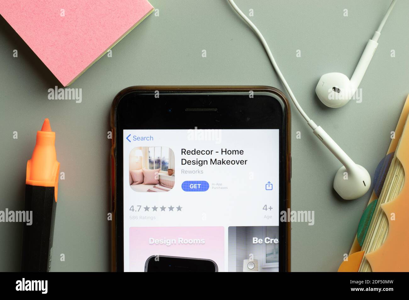 New York, USA - 1 December 2020: Redecor Home Design mobile app icon on phone screen top view, Illustrative Editorial. Stock Photo