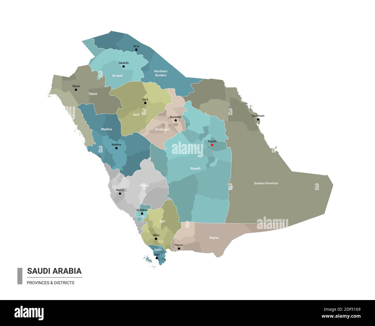 Saudi Arabia higt detailed map with subdivisions. Administrative map of Saudi Arabia with districts and cities name, colored by states and administrat Stock Vector