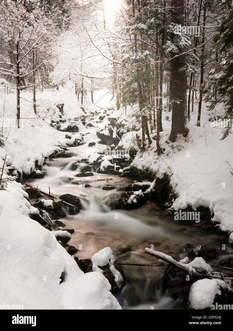 Long exposure image of beautiful stream in forest in winter. Sunlight, snow, trees, woods. Stock Photo
