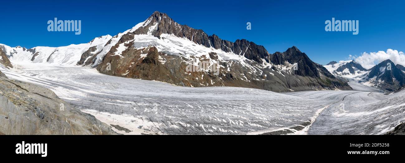 geography / travel, Switzerland, Valais, Finsteraarhorn (4274m) dominating the impressive Fiescher gla, Additional-Rights-Clearance-Info-Not-Available Stock Photo