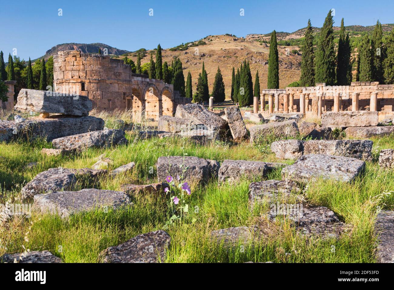 Hierapolis, Denizli Province, Turkey.  Ruins of the ancient city.  The northern Roman Gate, also known as the Domitian Gate, or Domitian Arch, or the Stock Photo