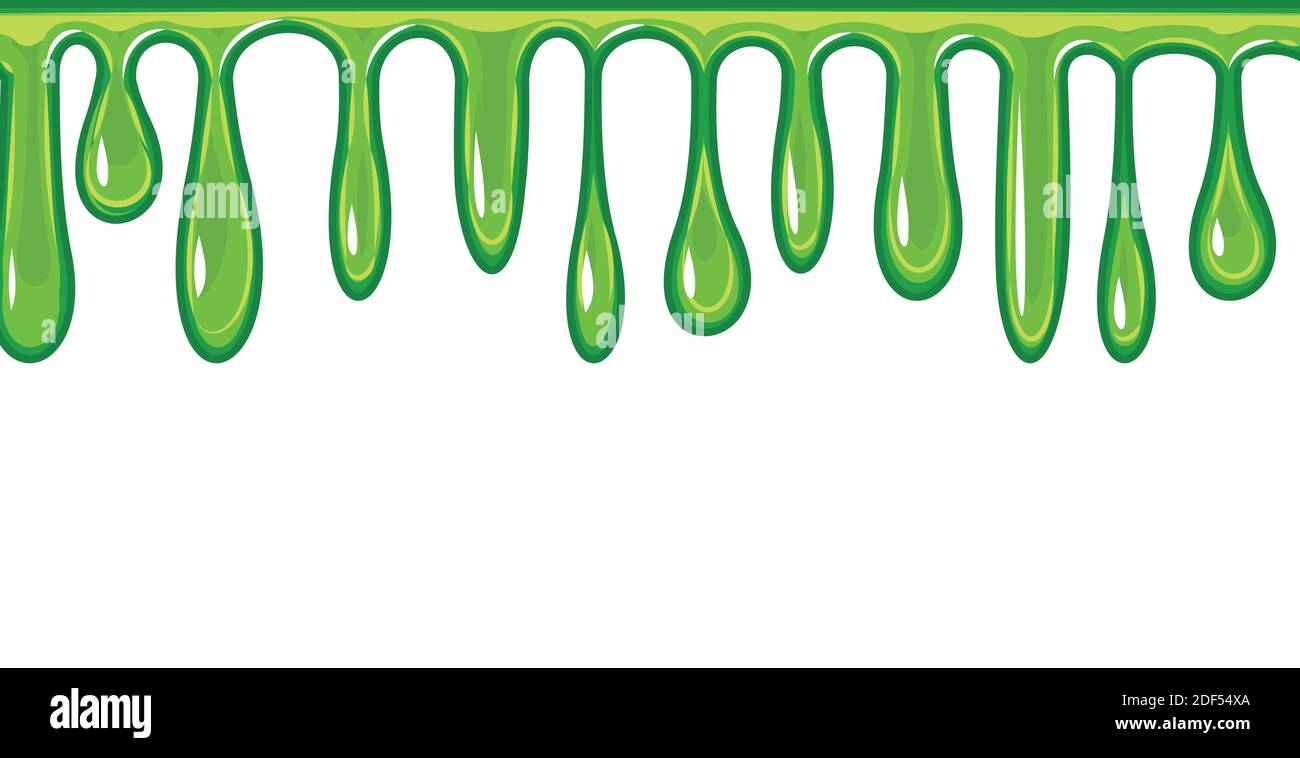 Flows of green fluid. Thick flowing paint. Slime. The drops are slipping. The isolated object on a white background. Flat cartoon style. Frame. Vector Stock Vector