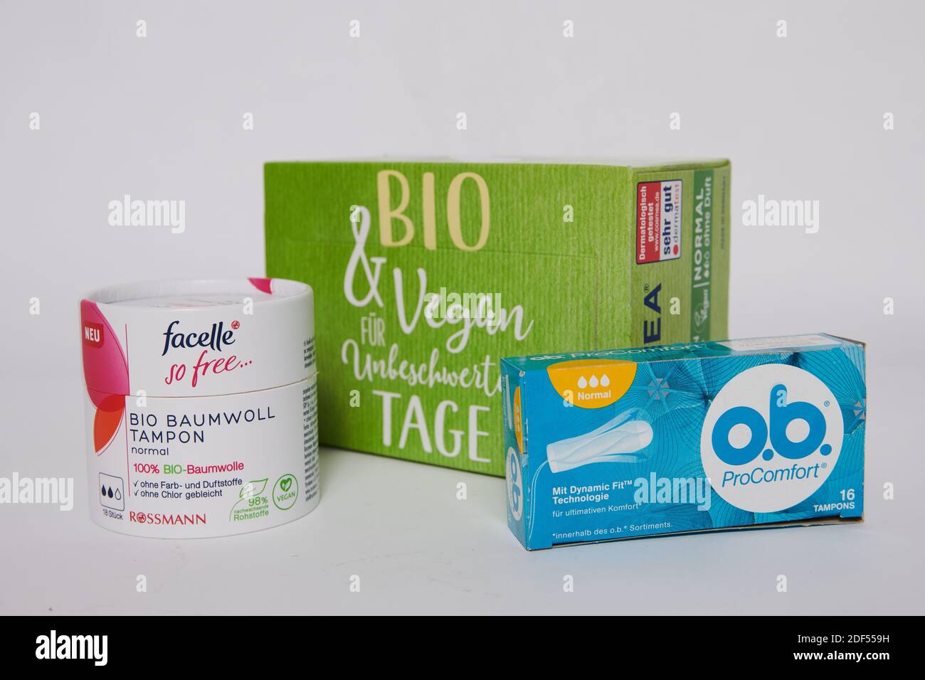 Berlin, Germany. 03rd Dec, 2020. Women's hygiene articles from various  manufacturers, including tampons from Rossmann's own brand "facelle" made  of organic cotton, panty liners from Cosmea made of organic cotton and  tampons