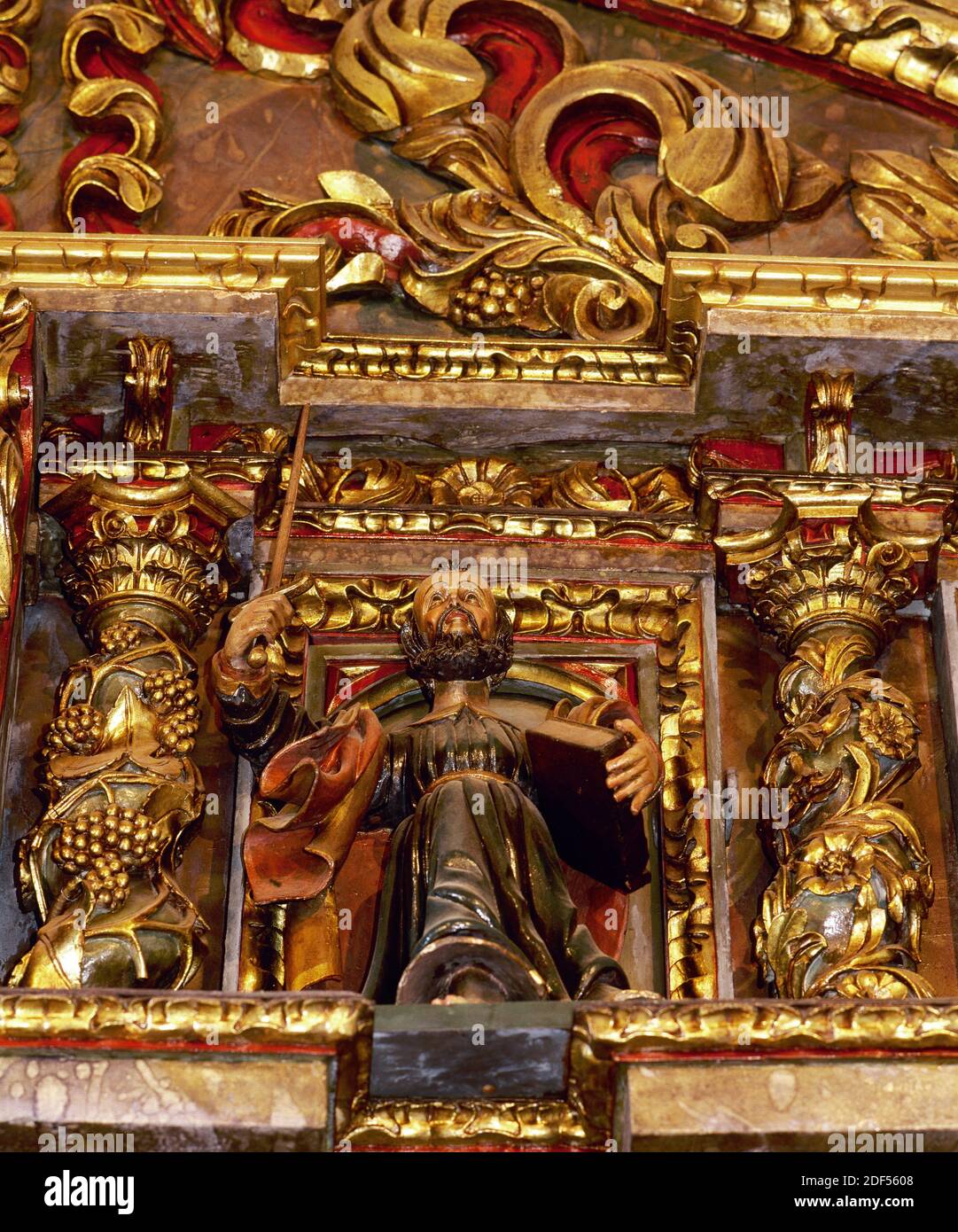 Spain, Galicia, Province of La Coruña, San Andres de Teixido (Santo Andre de Teixido). Sanctuary. Baroque altarpiece, 18th century, on the main altar, by Miguel Lopez de la Peña. Image of one of the twelve apostles depicted. Stock Photo