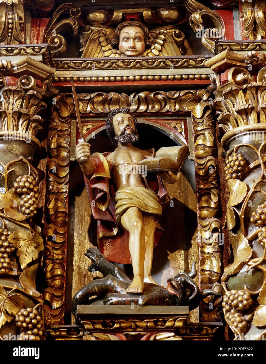 Spain, Galicia, Province of La Coruña, San Andres de Teixido (Santo Andre de Teixido). Sanctuary. Baroque altarpiece, 18th century, on the main altar, by Miguel Lopez de la Peña. Apostle Saint Paul. Stock Photo