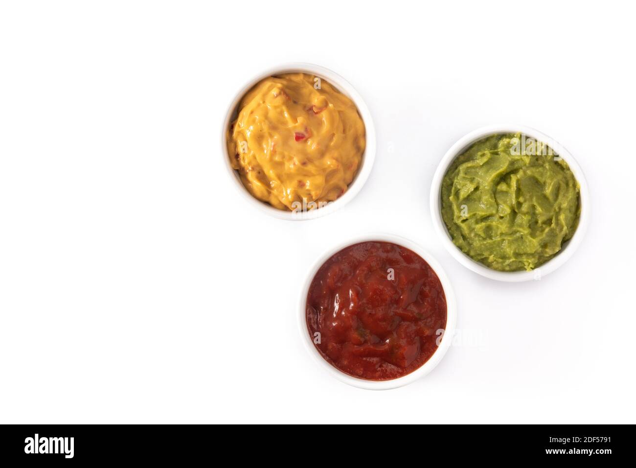 Traditional Mexican sauces. Guacamole, chilli pepper sauce and cheese