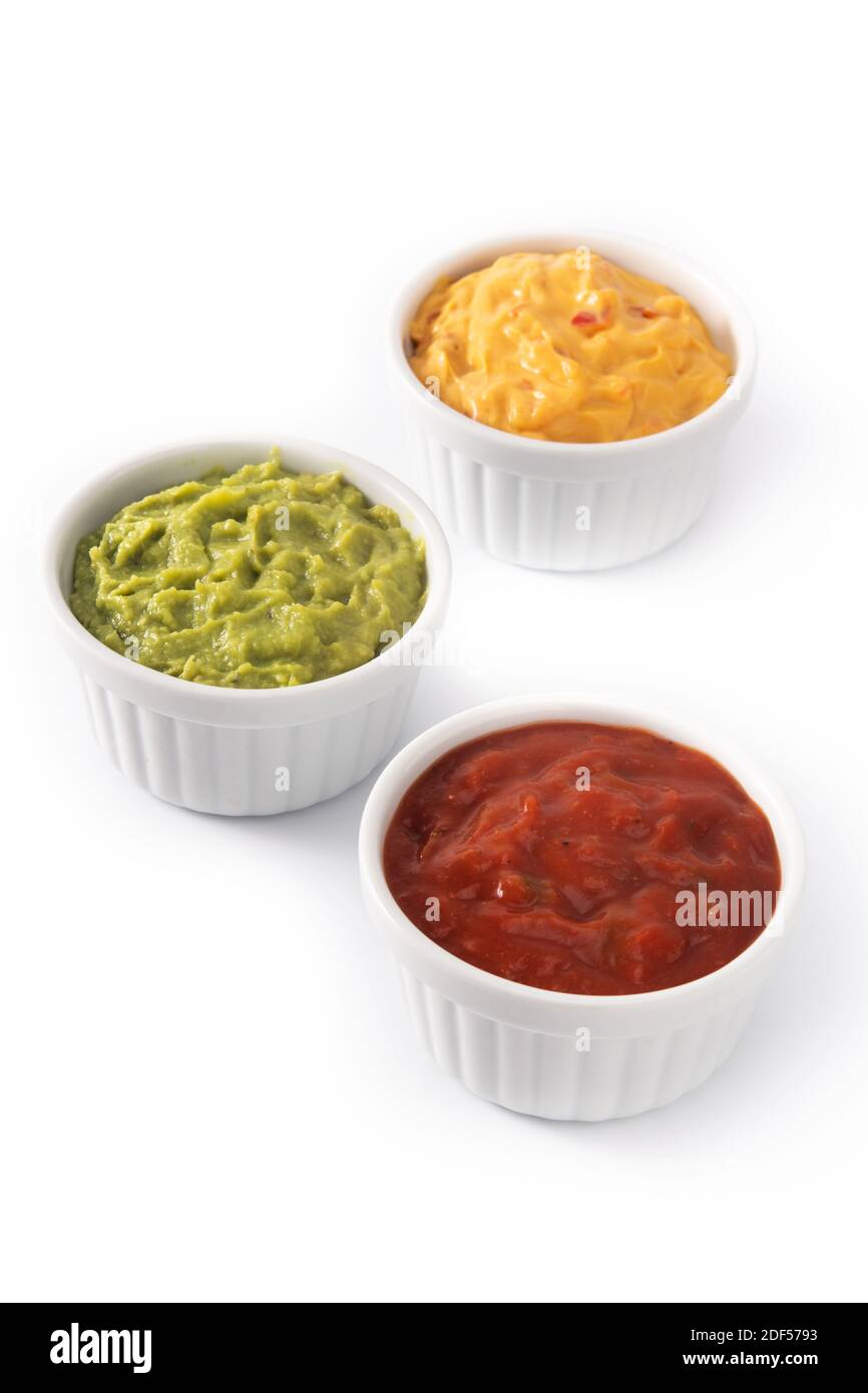 Traditional Mexican sauces. Guacamole, chilli pepper sauce and cheese