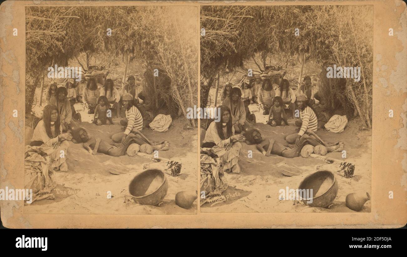 View of a group of Mohaves in a brush hut, one man very emaciated, entitled, still image, Stereographs, 1850 - 1930, Wittick, Ben (1845-1903 Stock Photo