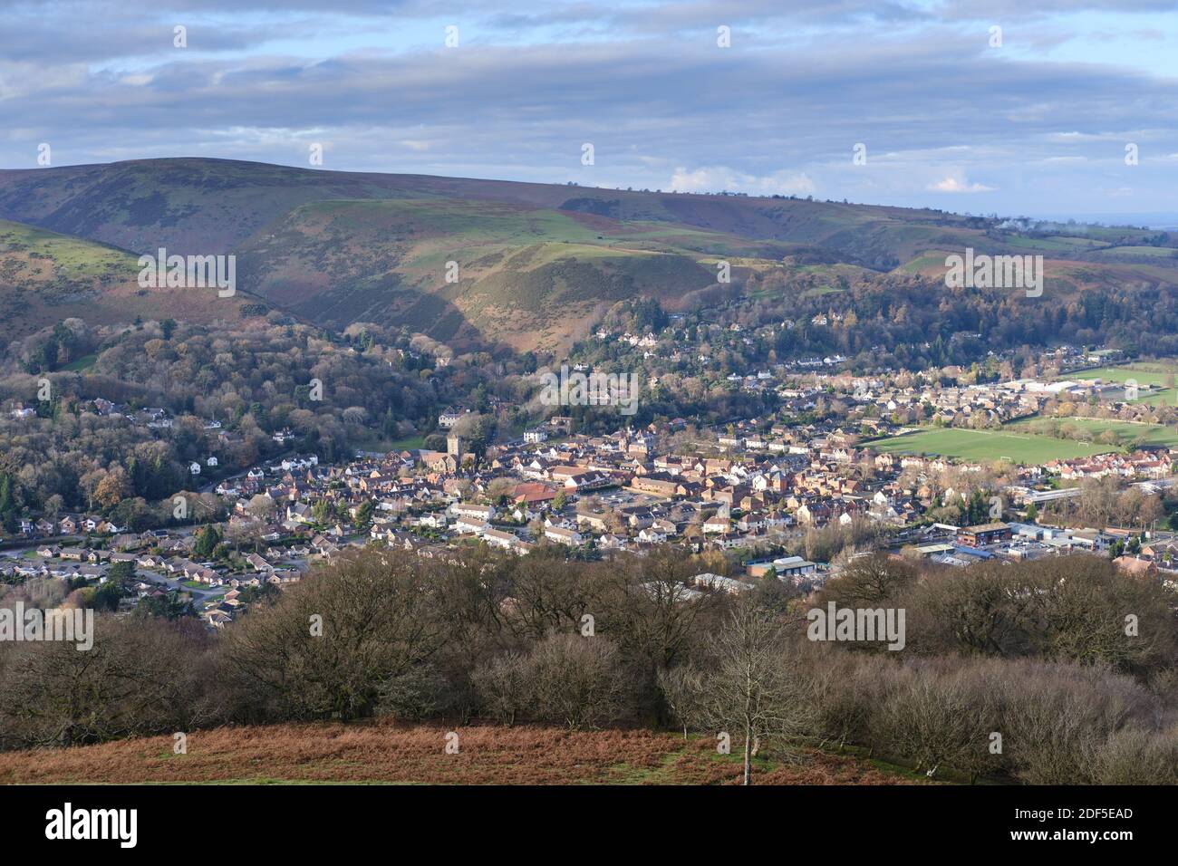 The town of Church Stretton with the Long Mynd in the background