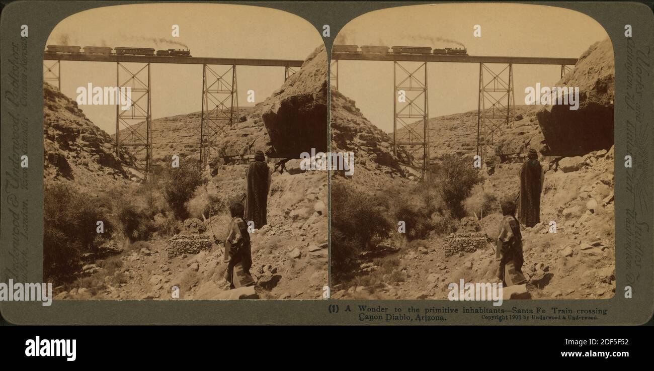 A wonder to the primitive inhabitants--Santa Fe train crossing Canon Diablo, Arizona., still image, Stereographs, 1850 - 1930 Stock Photo