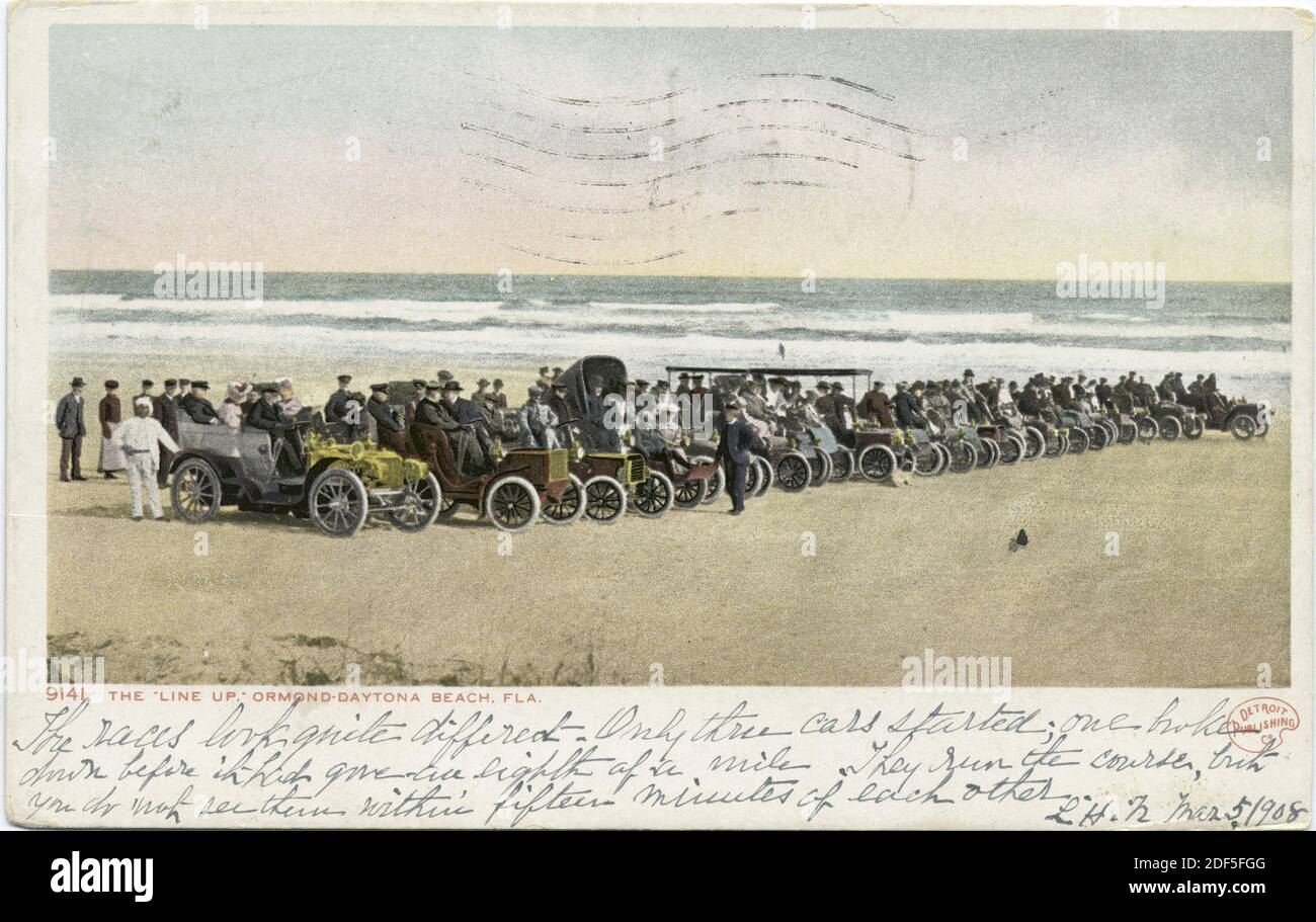 The Line Up, Autos on Beach, Daytona Beach, Fla., still image, Postcards, 1898 - 1931 Stock Photo