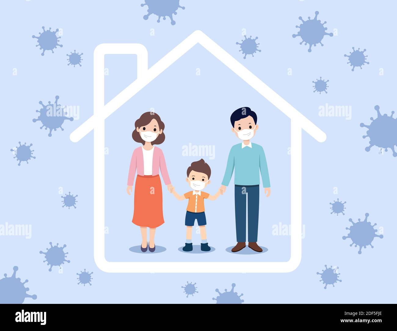 COVID-19 prevention, family wearing masks at home, mom, dad, son Stock Vector