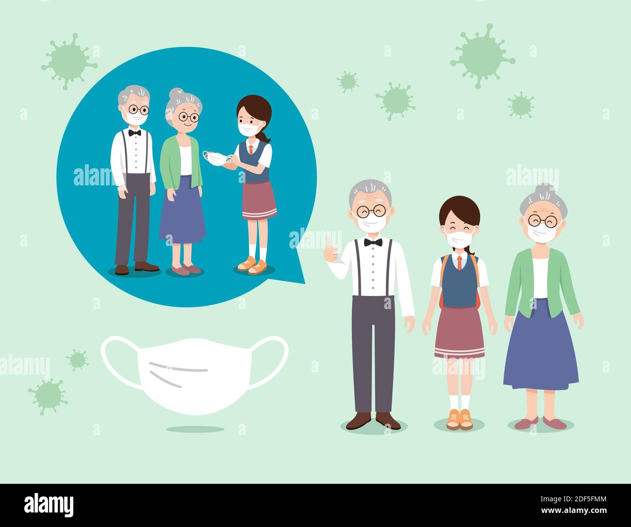 COVID-19 prevention, family wearing masks, grandfather, grandmother, granddaughter Stock Vector