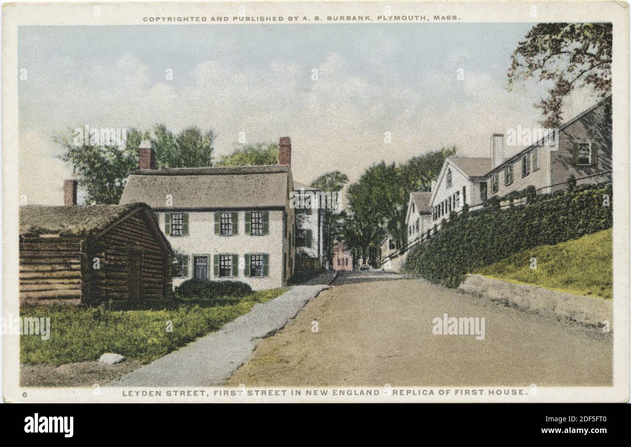 Leyden Street, First Street in New England - Replica of First House, still image, Postcards, 1898 - 1931 Stock Photo