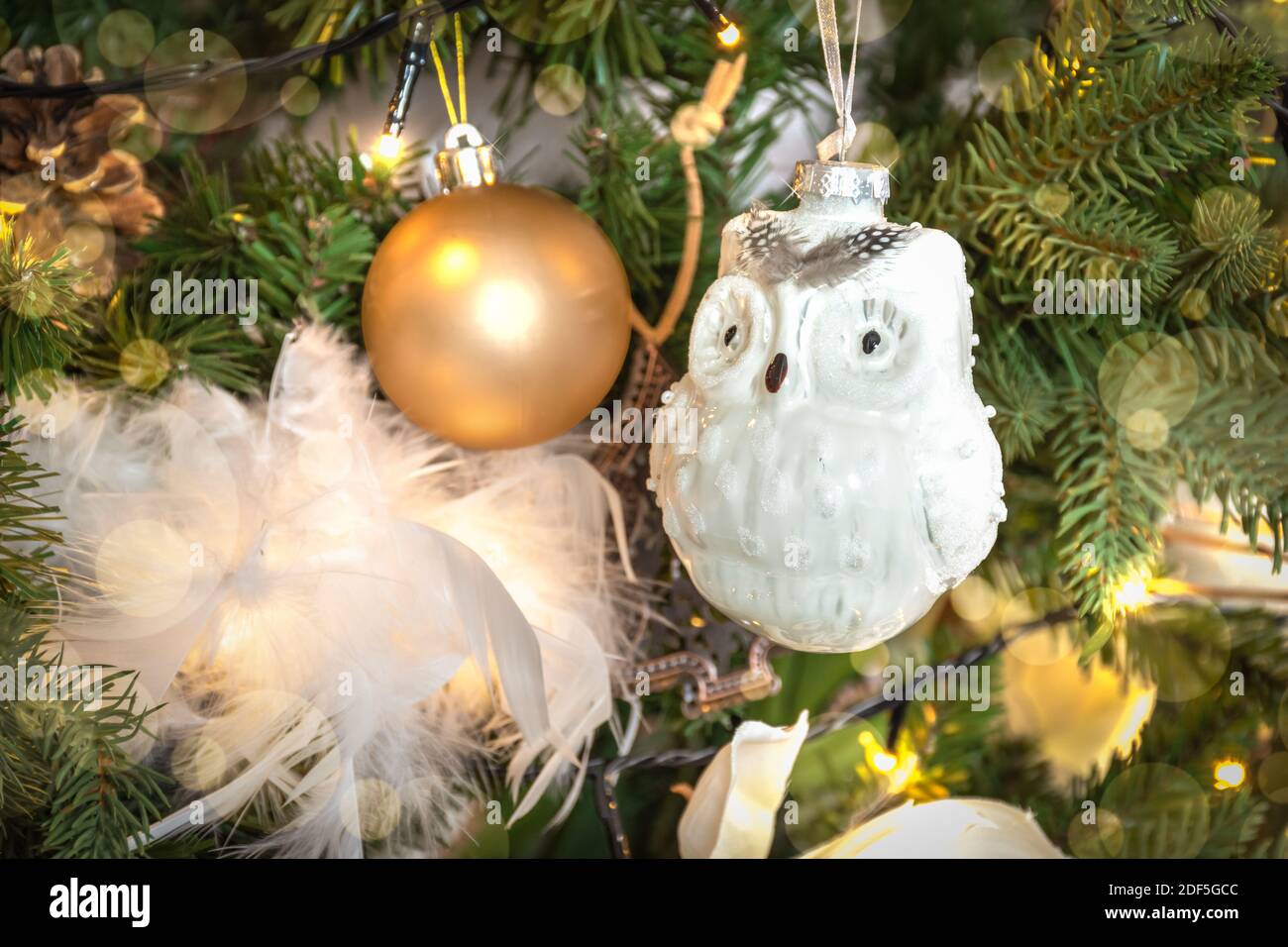 White and gold Christmas tree decorations. Stock Photo