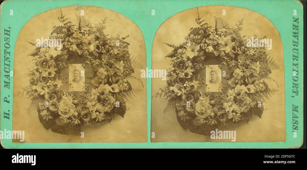 View of a photographic portrait surrounded by a memorial wreath., still image, Stereographs, 1850 - 1930, McIntosh, H. P Stock Photo