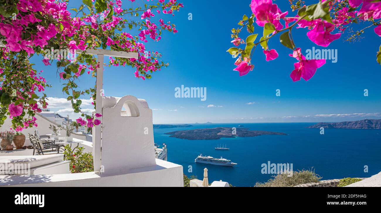 Santorini island, Oia, Greece. Traditional famous white architecture flowers under sunny weather over Caldera, Aegean sea. Beautiful summer vacation Stock Photo